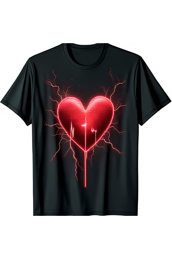 Black T-Shirt with Red Heart and Bolts Design Unique Graphic Tee