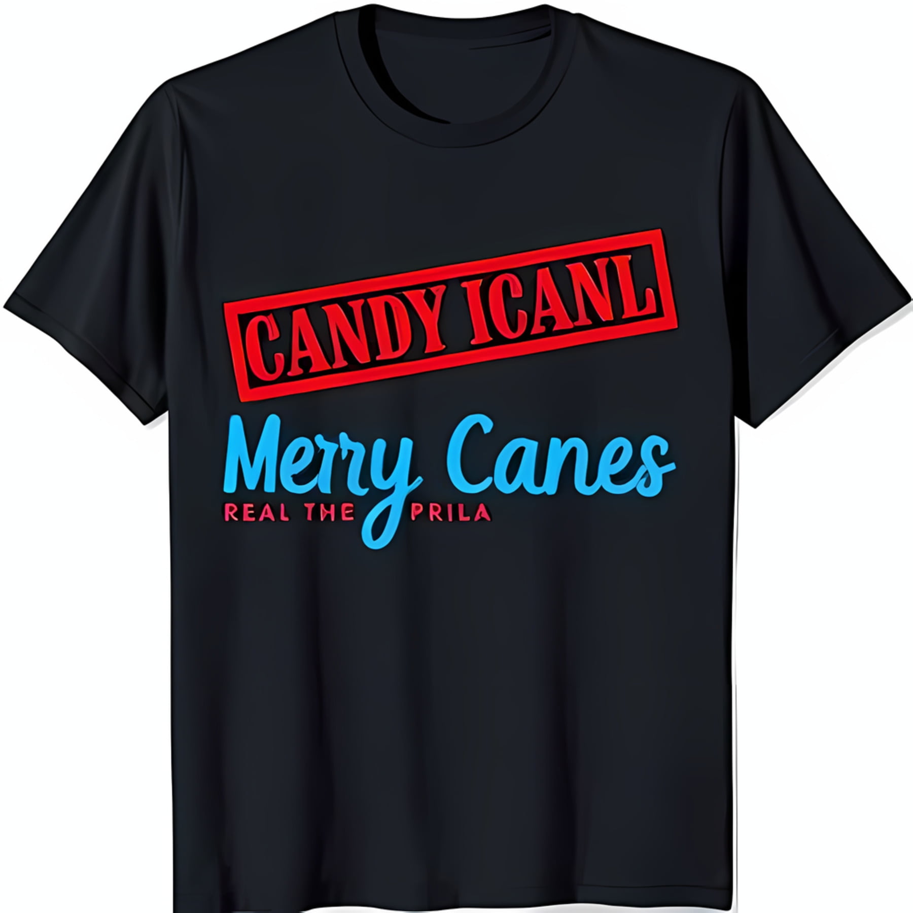 Black TShirt with Red Rectangle 'Candy I Can't' & Blue 'Merry Canes