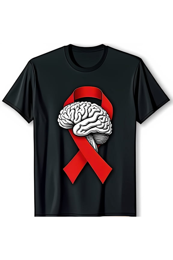 Black T-Shirt with Red Ribbon and White Brain Design Support Brain Awareness