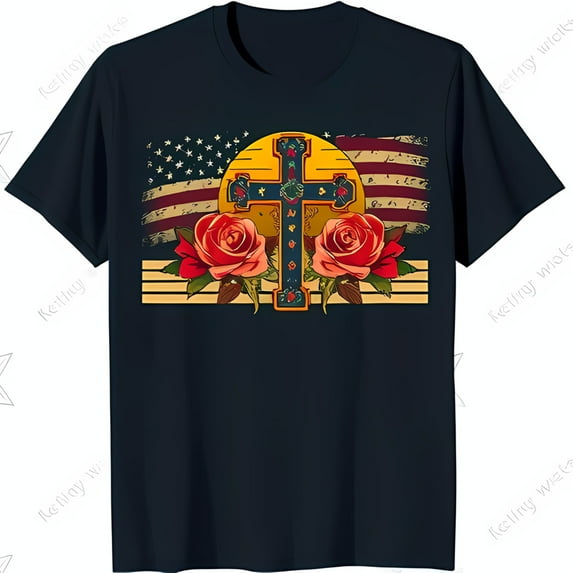 Black T-Shirt with & Red Roses Design