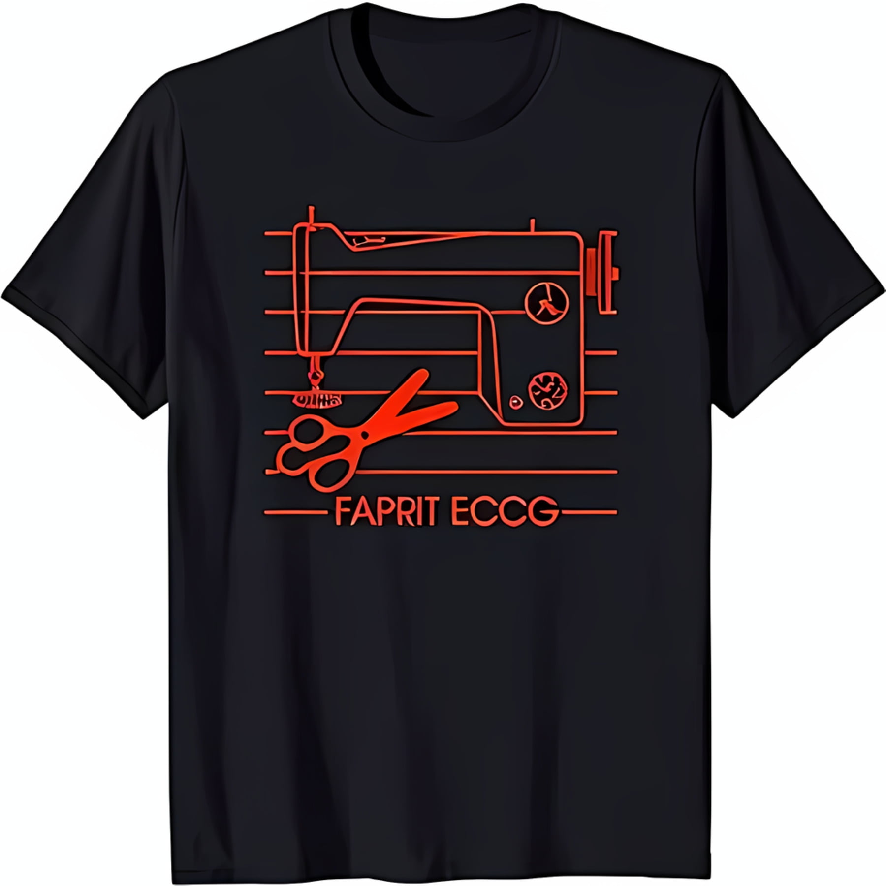 Black TShirt with Red Sewing Machine and Outline 'FAPRIT ECCG' Design