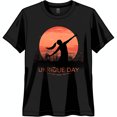 Black TShirt with Red Sun Rising Over City & Jumping DAY Graphic