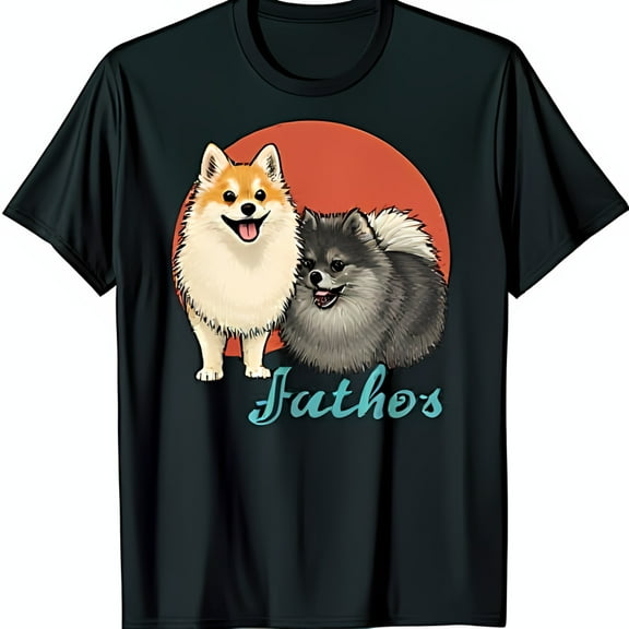Black T-Shirt with Red Sun and Pomeranian Dogs Graphic Fathos Design