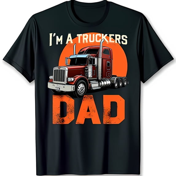 Black T-Shirt with Red Truck Graphic 'I'm a Truckers Dad' Sunset Design
