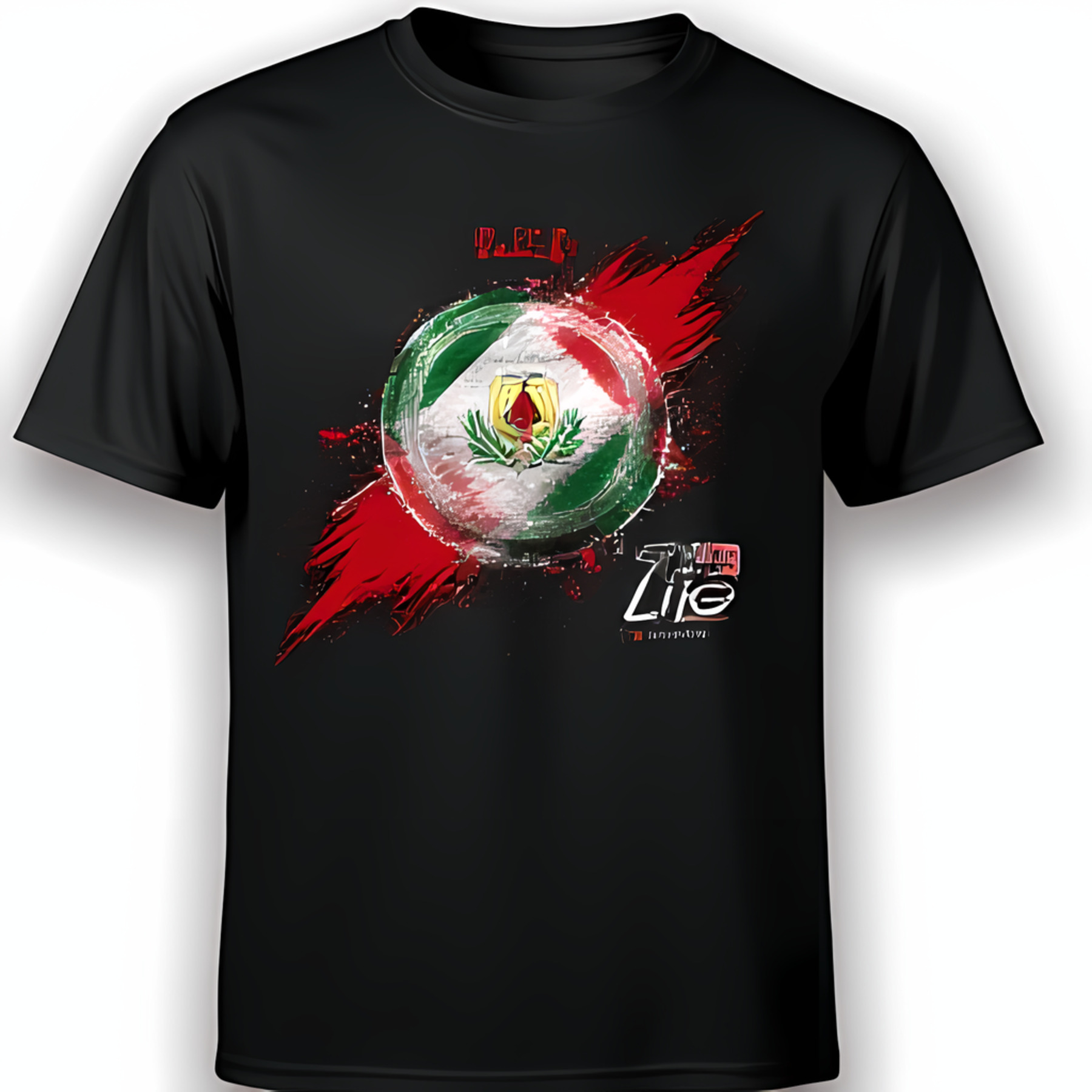 Black TShirt with Red White and Green Circle Design & 74th Life Team