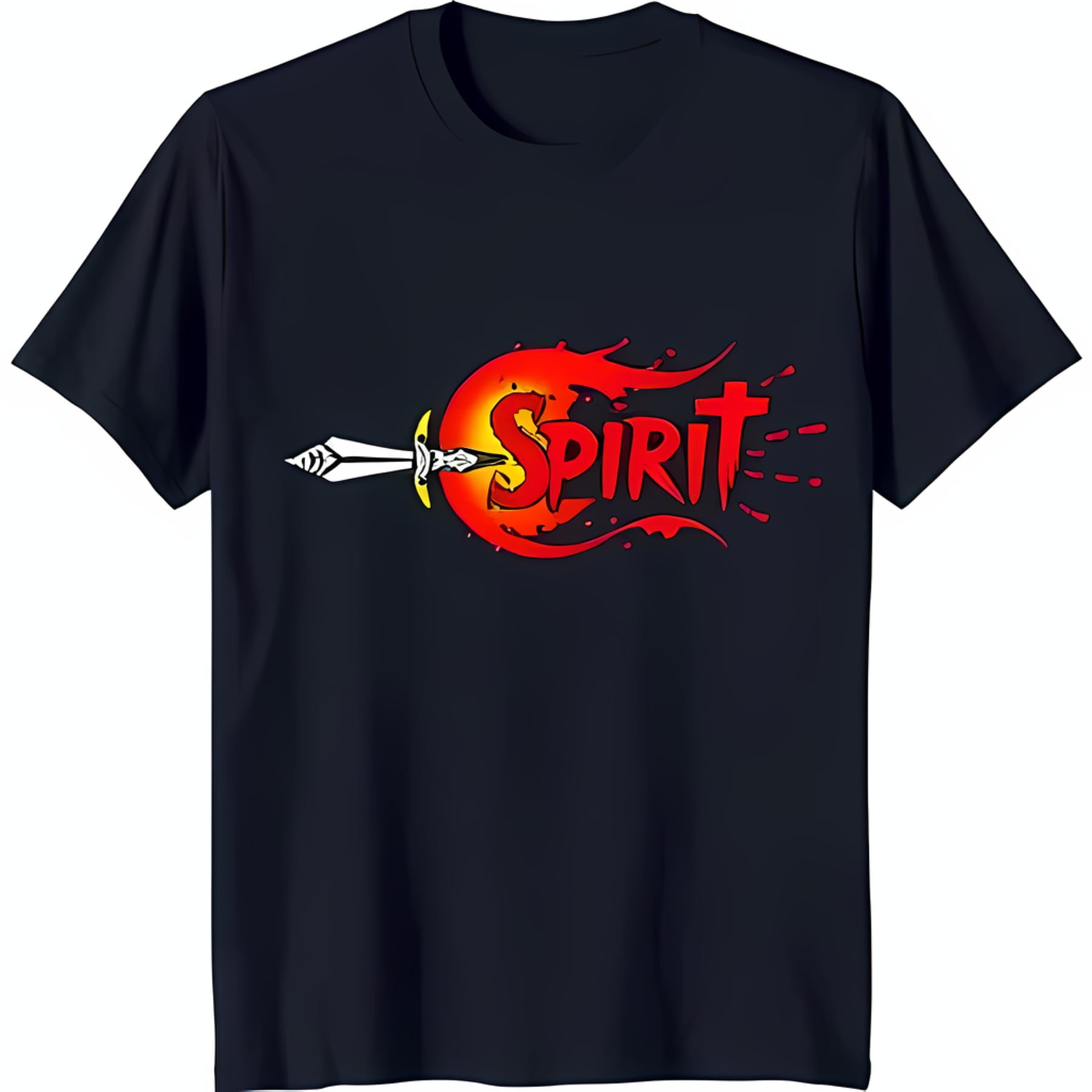 Black TShirt with Red & Yellow Flame and Text White Design