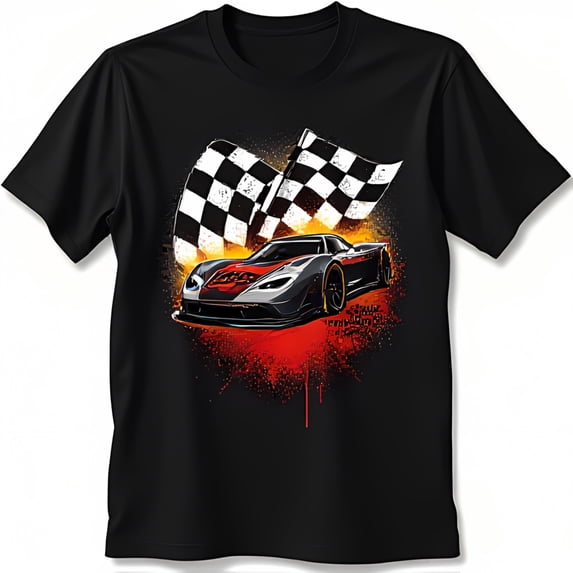 Black T-Shirt with Red and Black Race Car Design Under Checkered