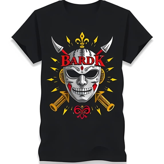 Black T-Shirt with Red and White Crowned Mask Design Eyes & Spear Accents 'Bardk' Graphic Tee