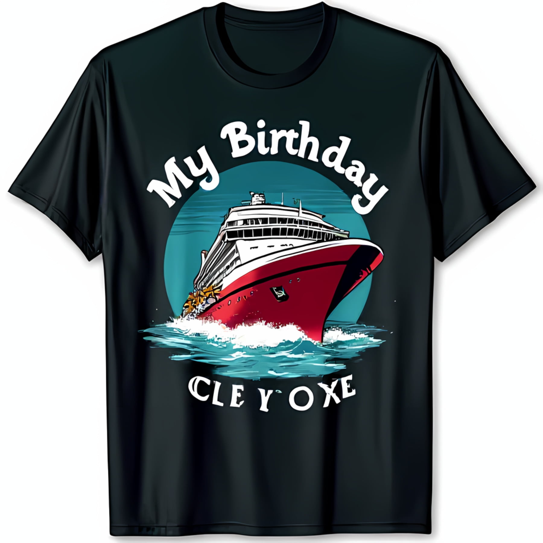 Black TShirt with Red and White Cruise Ship Graphic for Birthday