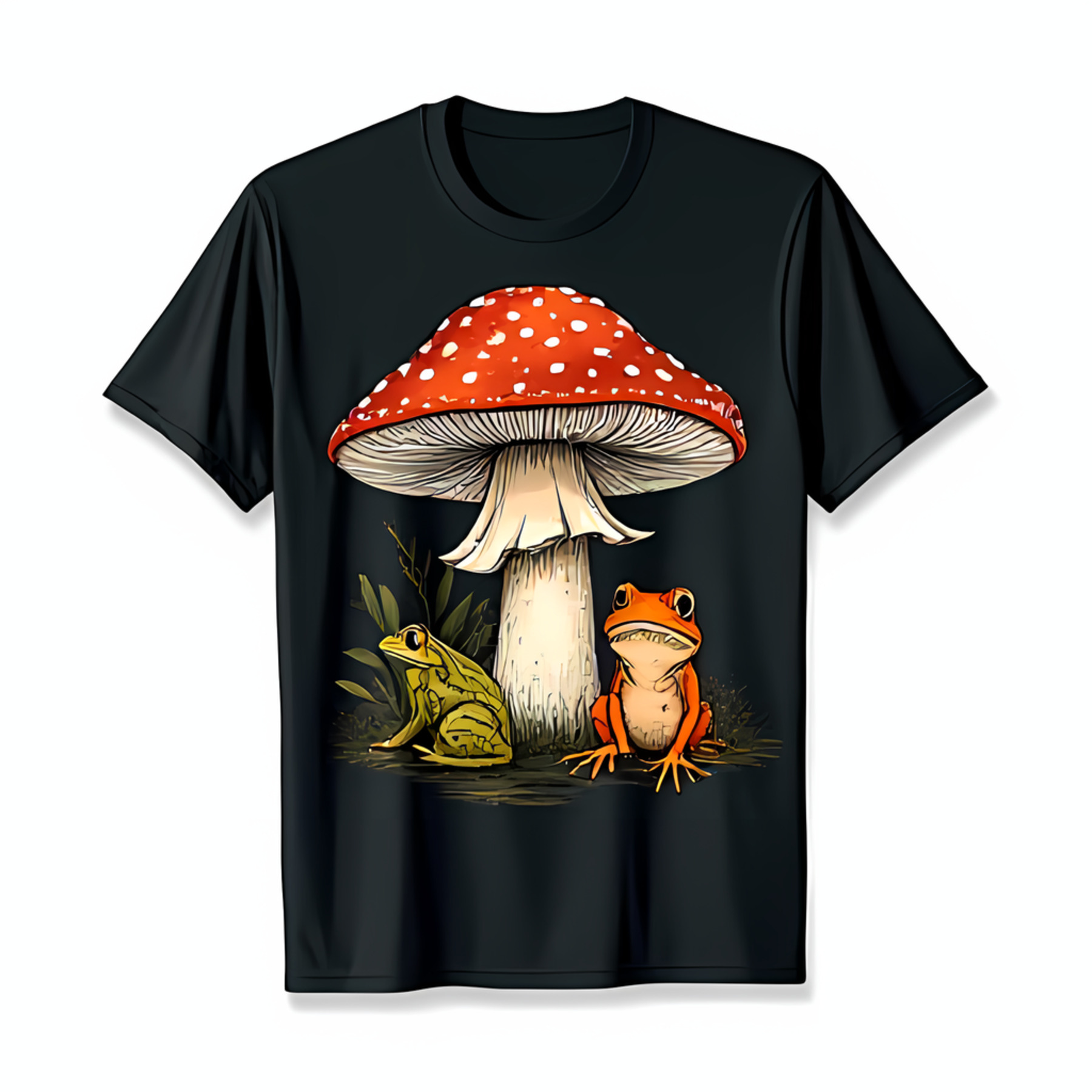 Black TShirt with Red and White Mushroom Design & Green Vines