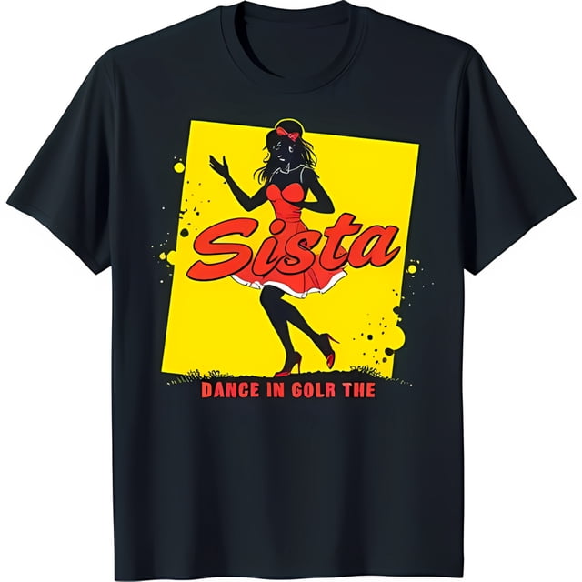 Black TShirt with Red and Yellow Graphic of Woman in Red Dress 'Sista