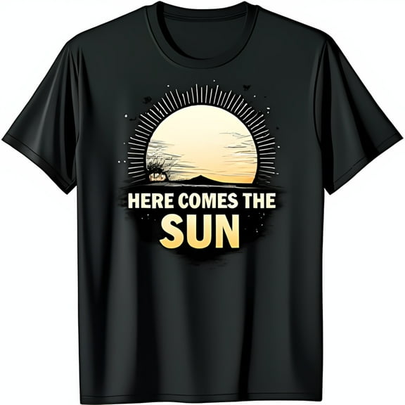 Black T-Shirt with Retro Here Comes The Sun Graphic & Mountain Design