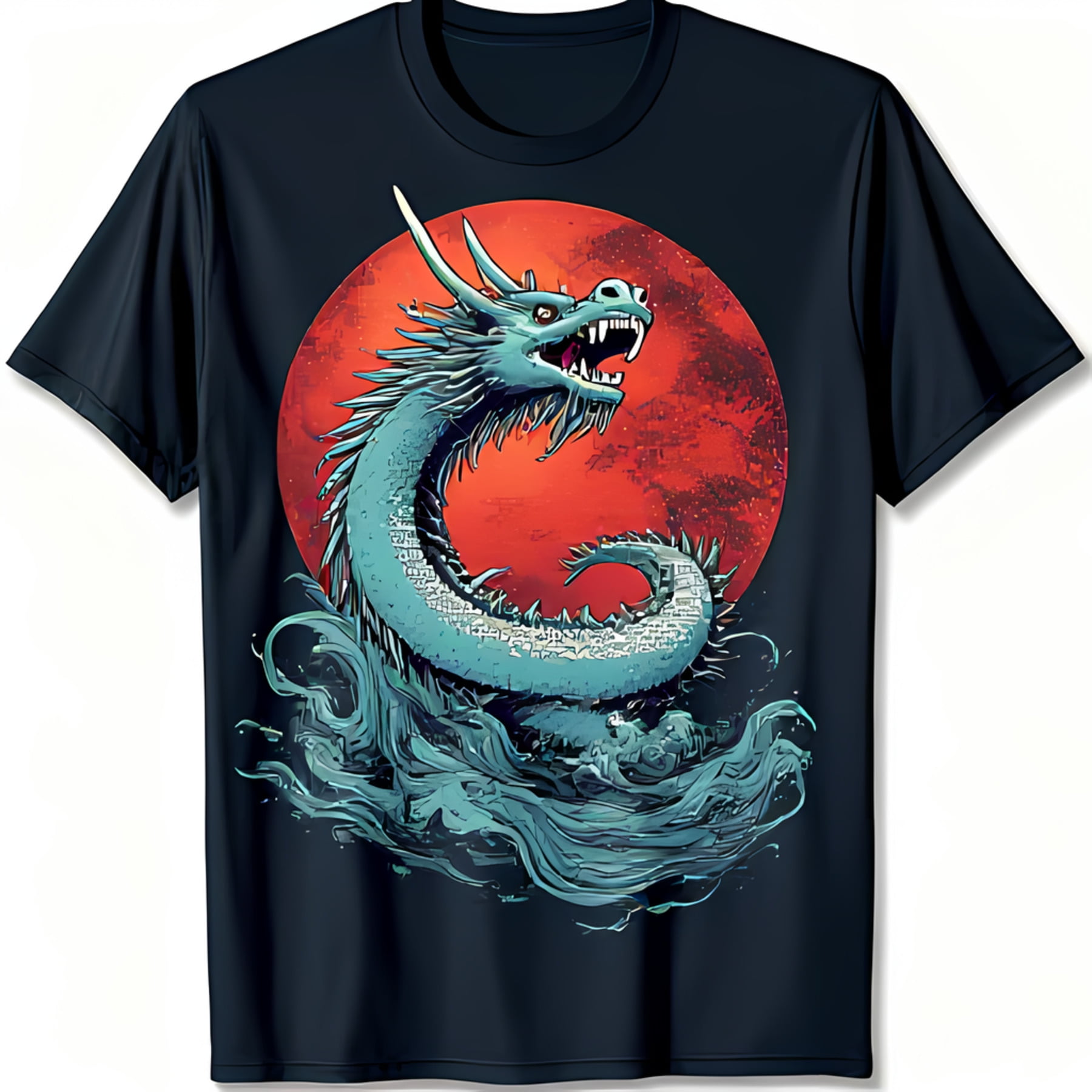 Black TShirt with Rising from Sea & Bold Red Sun Graphic