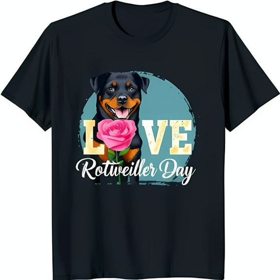 Black T-Shirt with Rottweiler Holding Love Rottweiler Day Design