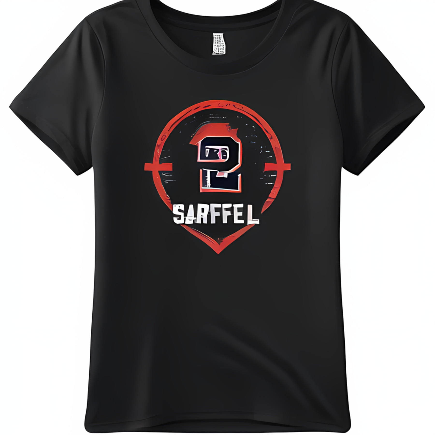 Black T-Shirt with SARFFEL Logo & Retro Gaming & Style 2D Game Art Red