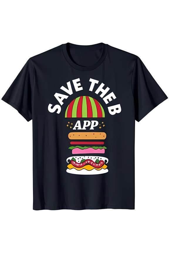 Black T-Shirt with 'SAVE THE B' Graphic & Cartoon Burger Design