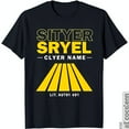 Black TShirt with 'SITYER SRYEL' in Yellow 'CLYER NAME' in White and