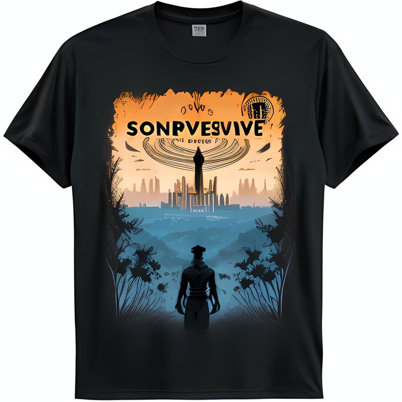 Black TShirt with SONPVESIVE Graphic City Skyline & Flying Saucers