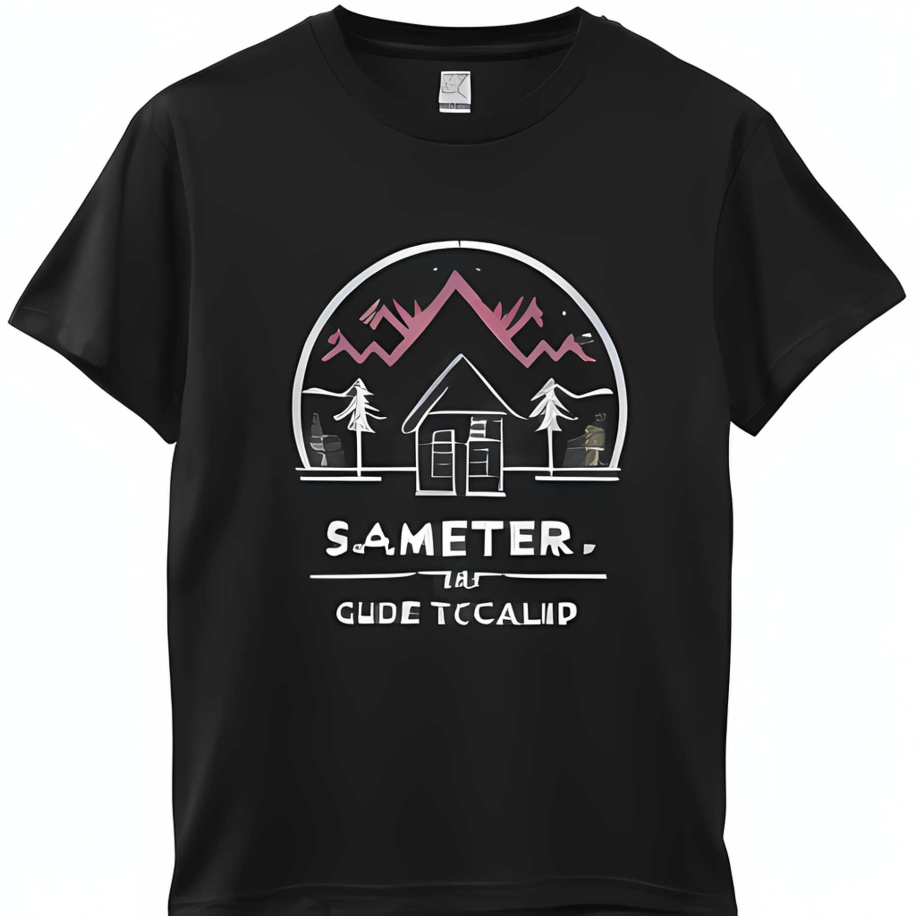 Black TShirt with 'SameTeer' in Whitepink mountain tree and cabin