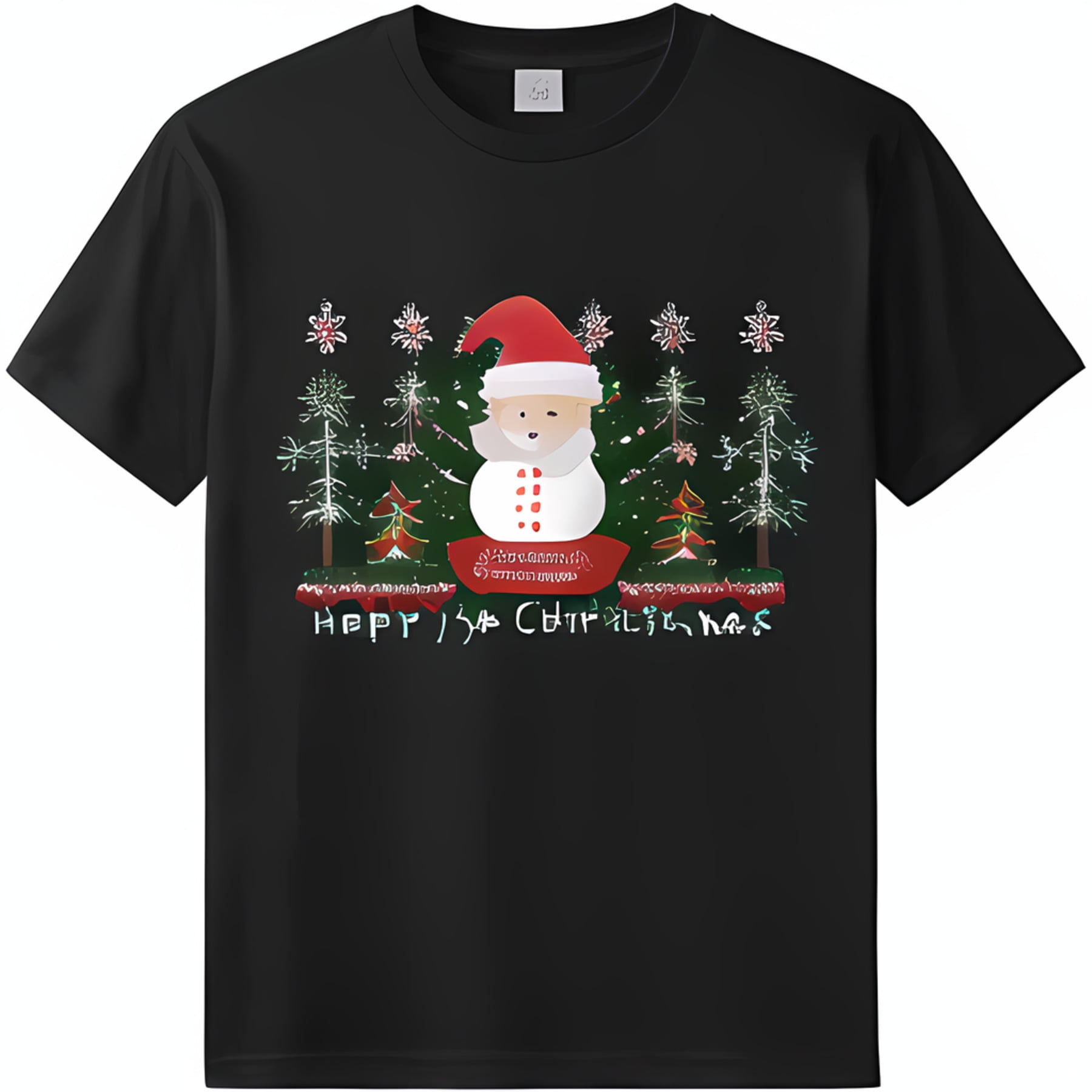 Black TShirt with Santa Claus in Red Hat Christmas Trees & Glittery