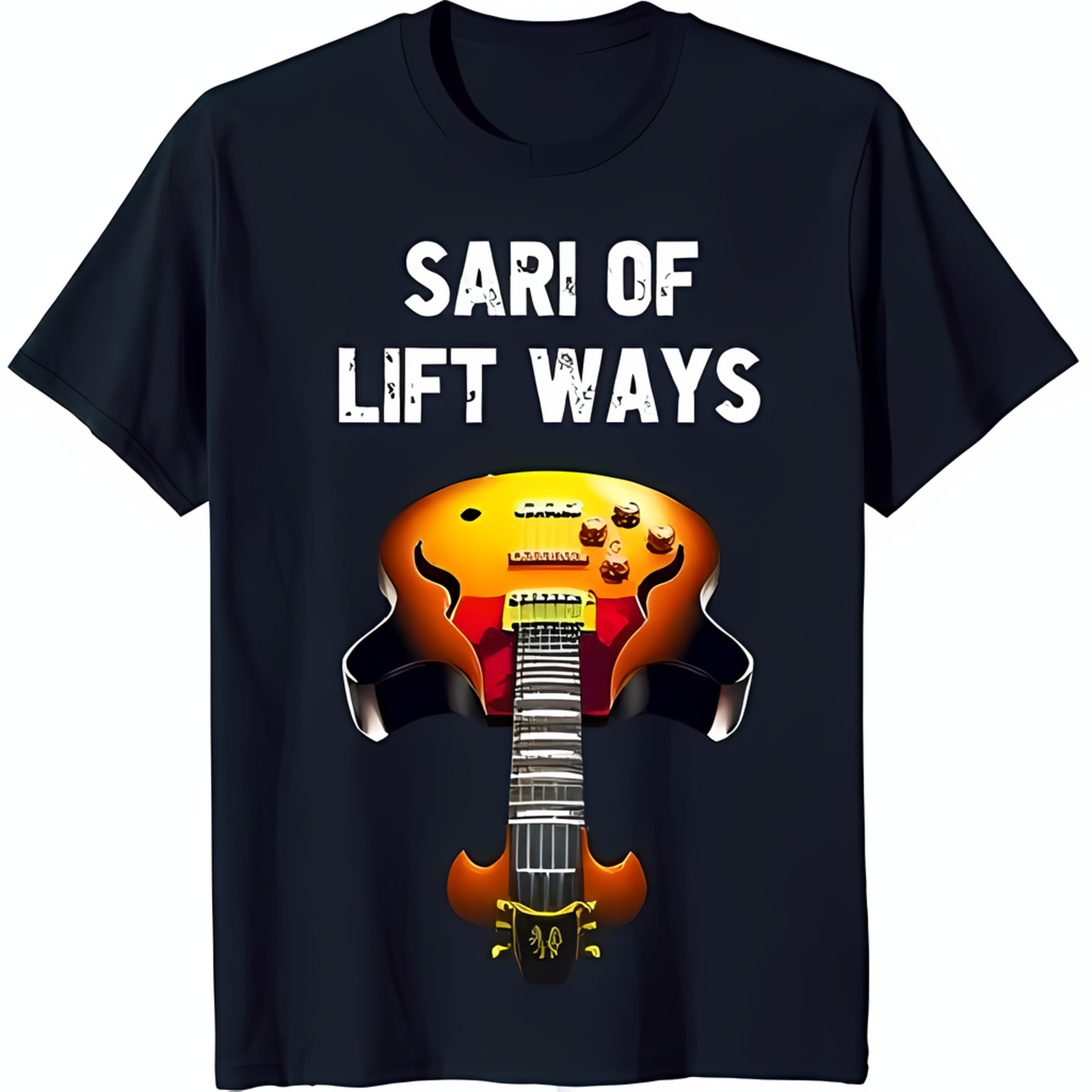 Black TShirt with 'Sari of Lift Ways' Text and Yellow Red Design