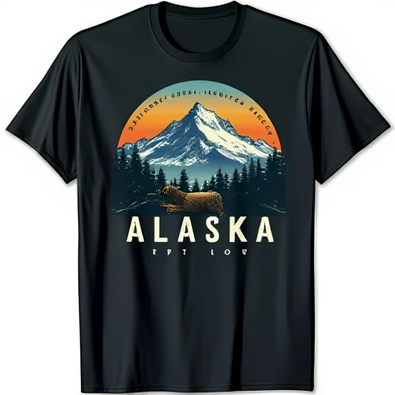 Black T-Shirt with Scenic Mountain Range & Bear Graphic Vintage Alaska Design