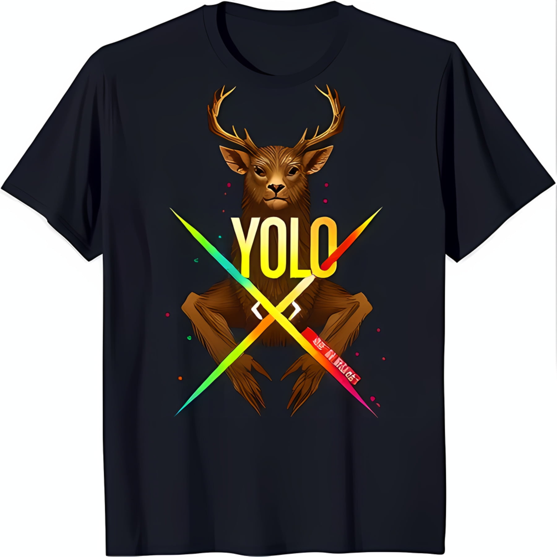 Black TShirt with Serious Deer Graphic YOLO Text & Colorful Lines