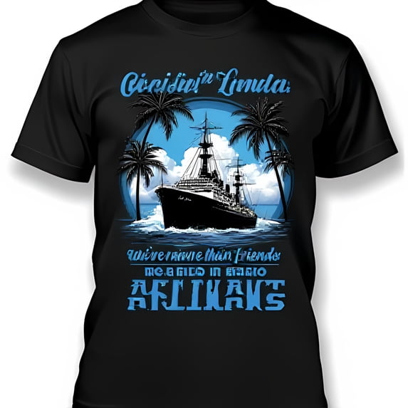Black T-Shirt with Ship Sailing Design Trees & Cruisin in Linda Text