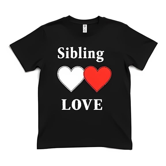 Black T-Shirt with Sibling Love Graphic Stitched Hearts Design