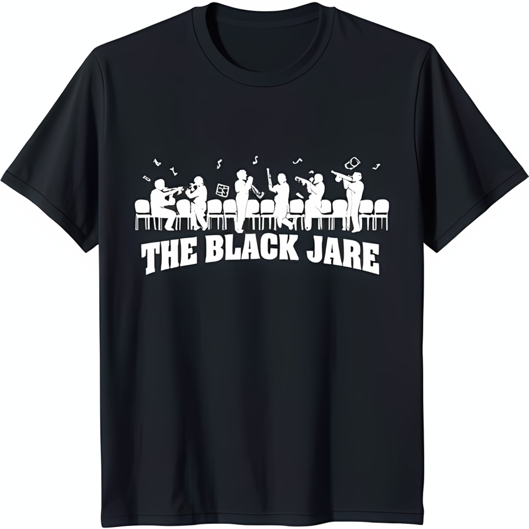 Black TShirt with Silhouetted Musicians Playing Instruments & 'The