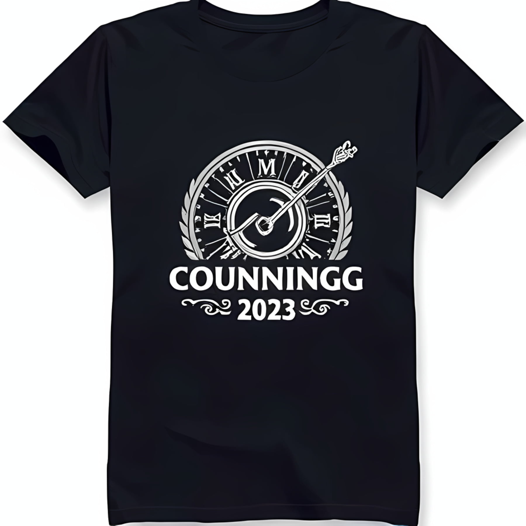 Black TShirt with Silver Clock Face Design and Roman Numerals