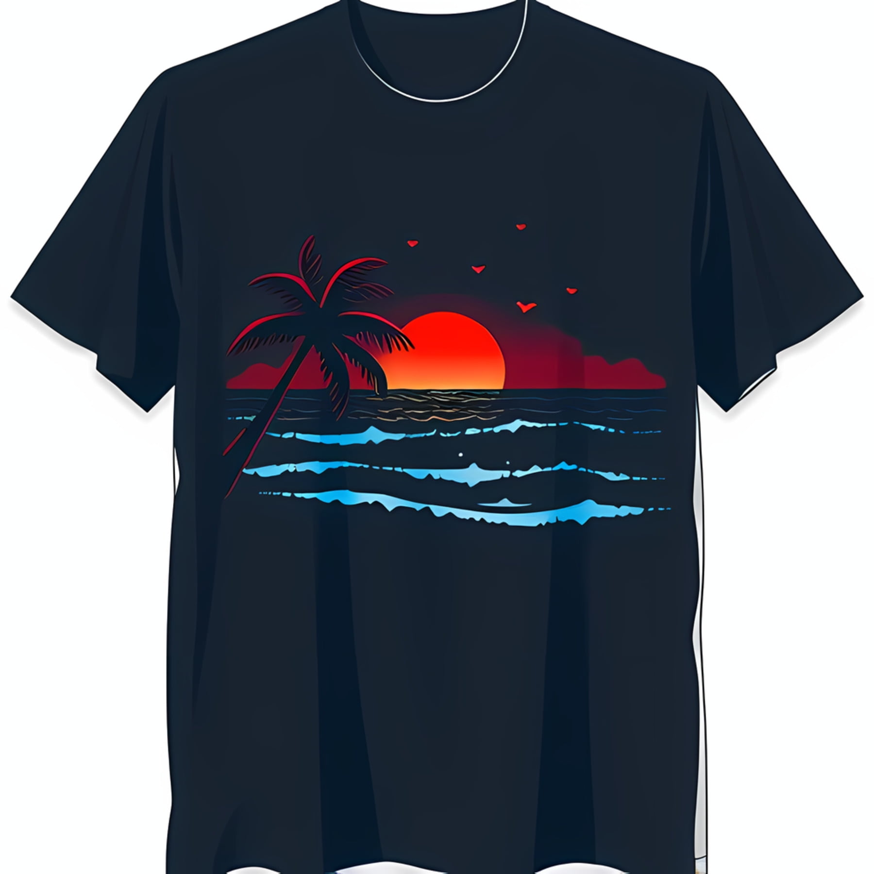 Black TShirt with Simple Tree Graphic and Sunset Design Casual Summer