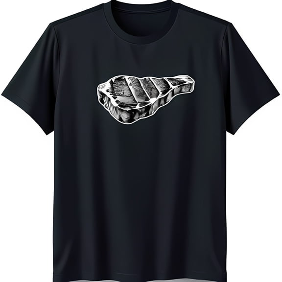 Black T-Shirt with Simple White Steak Illustration Short Sleeve Neck Tee