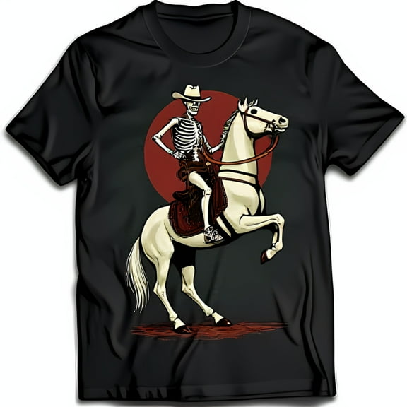 Black T-Shirt with Skeleton Cowboy Riding White Horse Against Red Sun Graphic