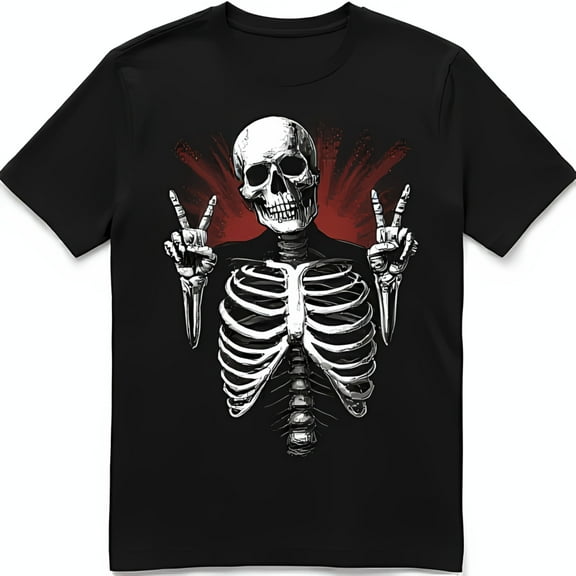 Black T-Shirt with Skeleton Peace Sign Graphic Gothic Style