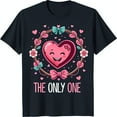thumbnail image 1 of Black T-Shirt with Smiling Pink Heart Graphic in Floral Wreath 'The Only One' Design, 1 of 5