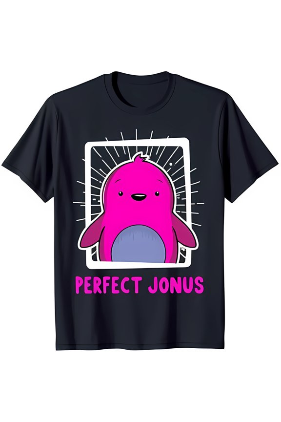 Black T-Shirt with Smiling Pink Penguin Graphic and Design