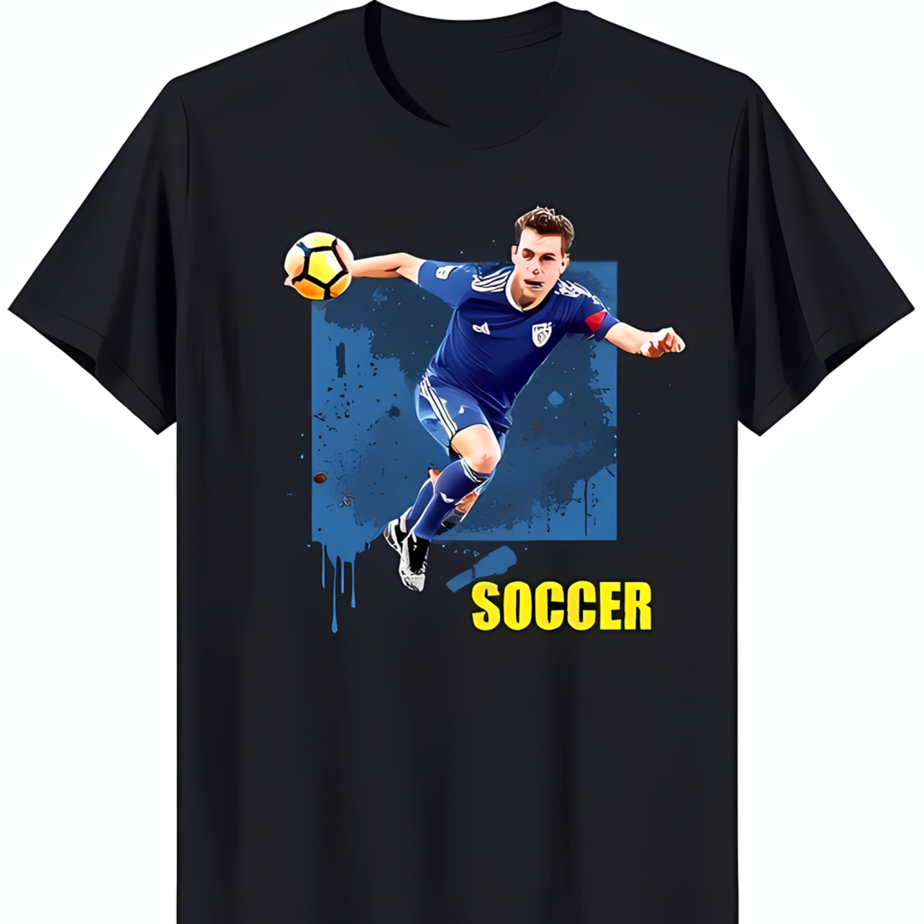 Black TShirt with Soccer Player Kicking Ball in Blue Jersey Bold