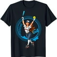 Black TShirt with Softball Graphic Woman Jumping with Bat & Ball