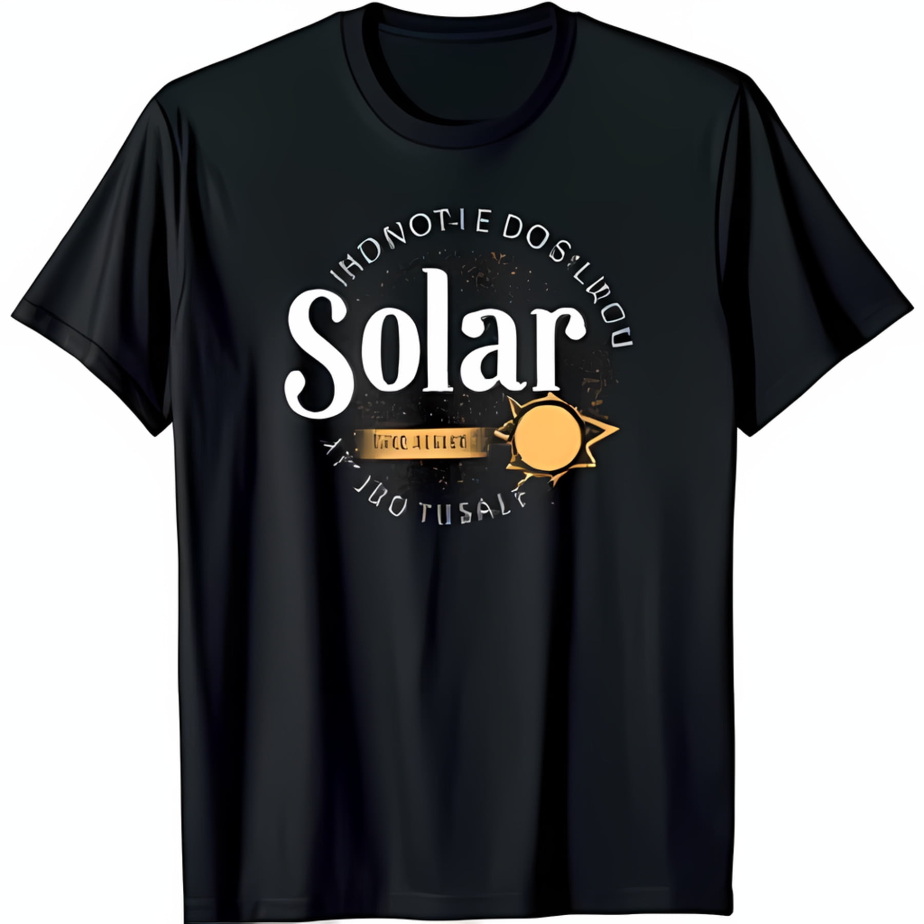 Black T-Shirt with Solar Design Stylized Sun Graphic & Cursive Text ...