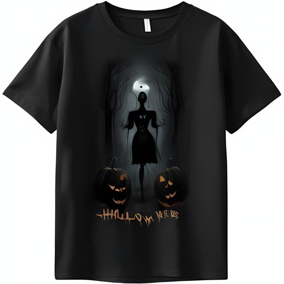 Black T-Shirt with Space Girl Pumpkins and Haunted Forest Modern Comic Style