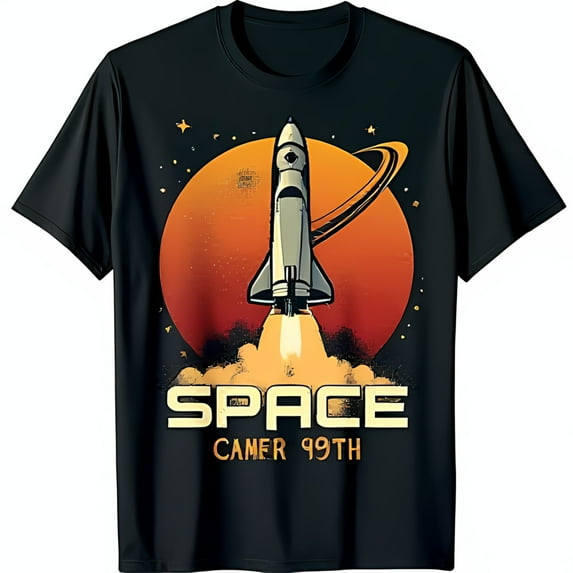 Black T-Shirt with Space Rocket Graphic Space Camera Design