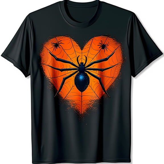 Black T-Shirt with Spider in Heart Web for Halloween