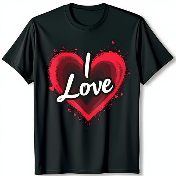 Black T-Shirt with Splattered Red Heart and White Cursive LOVE Design