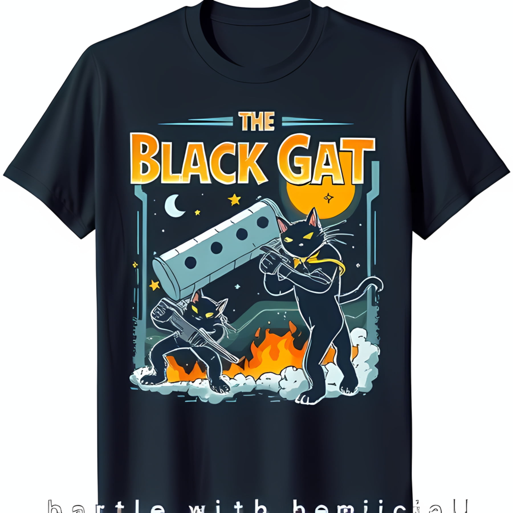 Black TShirt with Standoff Graphic of Two Cats 'THE BLACK GAT' Design