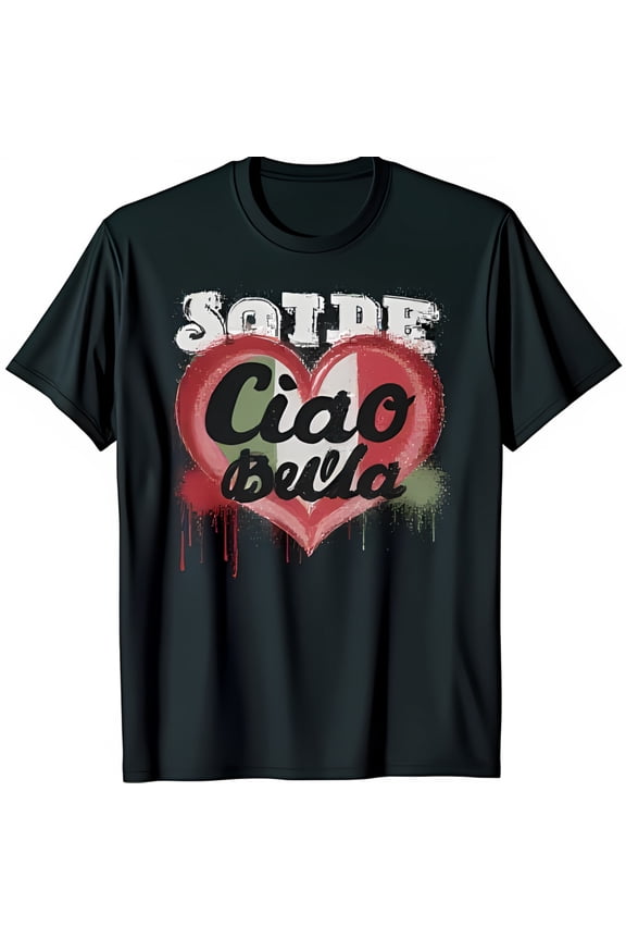 Black T-Shirt with Stencil Heart & Ciao Bella Design Stylish & Unique