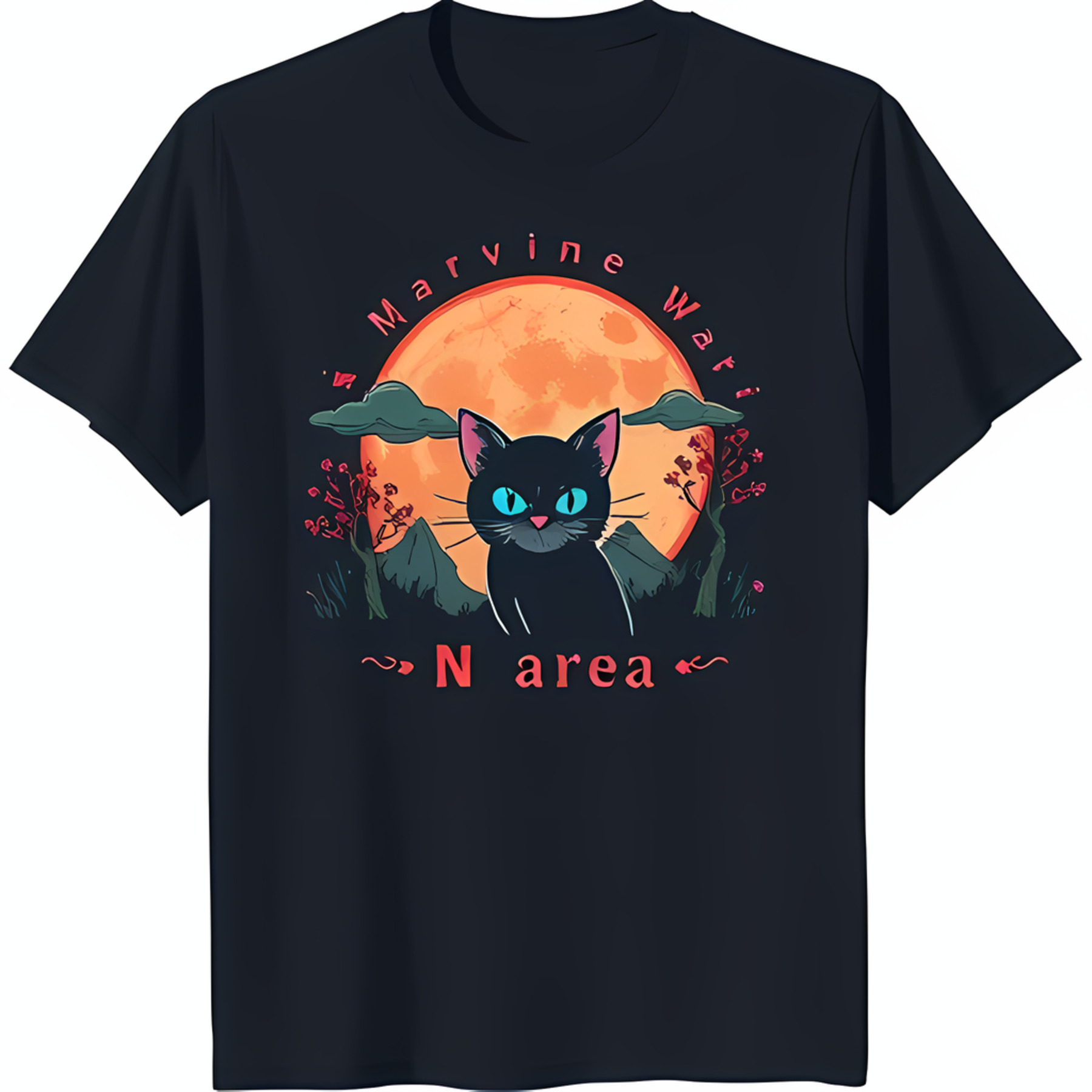 Black TShirt with Striking Black Cat & Red Moon Graphic Unique Design