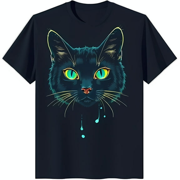Black T-Shirt with Striking Green Eyed Cat Design and Blue Drip