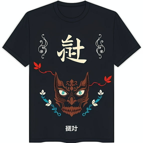 Black T-Shirt with Striking Mask Graphic & Floral Design Japanese Characters