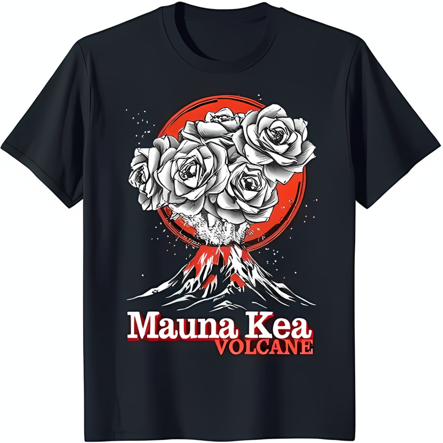 Black TShirt with Striking Mauna Kea Volcano Eruption & White Roses